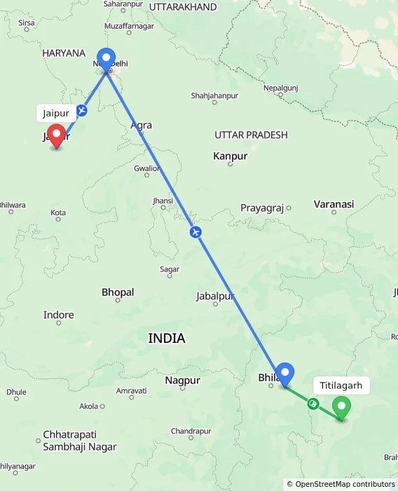 Route map showing distance and travel time from Titilagarh, India to Jaipur, India
