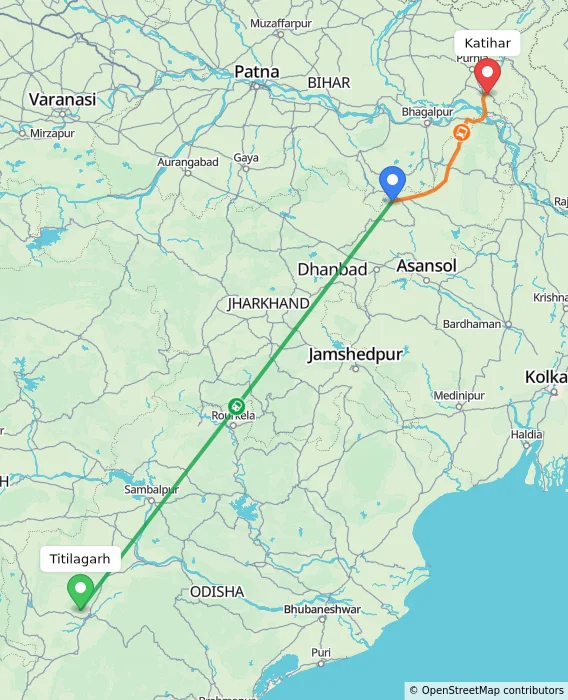 Route map showing distance and travel time from Titilagarh, India to Katihar, India