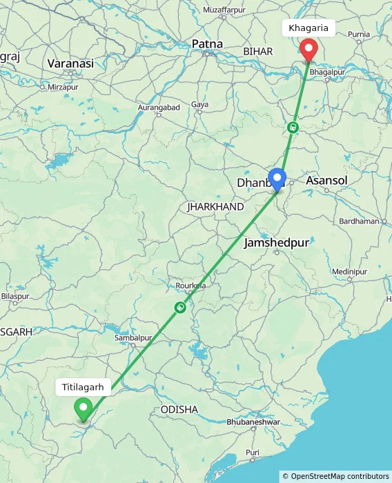 Route map showing distance and travel time from Titilagarh, India to Khagaria, India