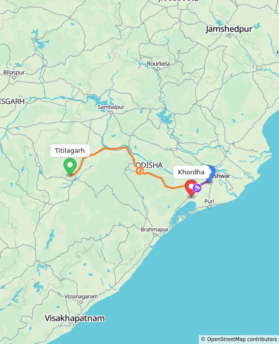 Route map showing distance and travel time from Titilagarh, India to Khordha, India