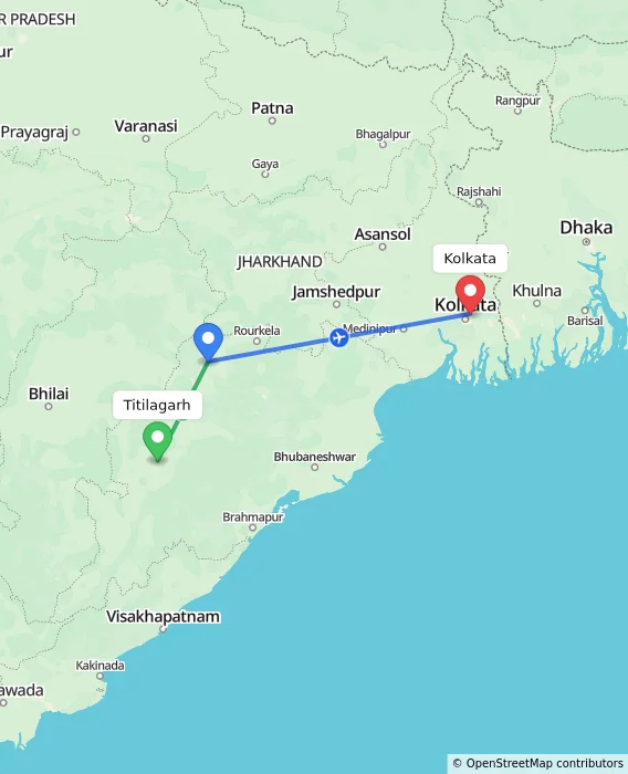 Route map showing distance and travel time from Titilagarh, India to Kolkata, India