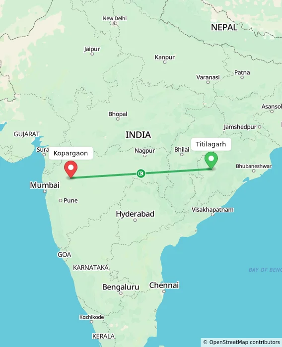 Route map showing distance and travel time from Titilagarh, India to Kopargaon, India