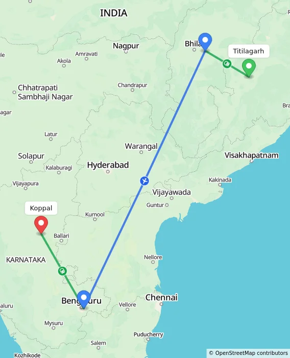 Route map showing distance and travel time from Titilagarh, India to Koppal, India