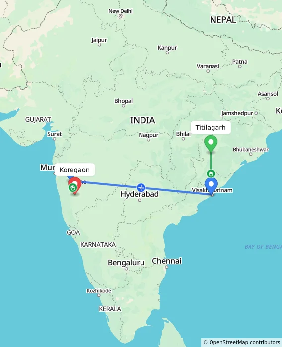 Route map showing distance and travel time from Titilagarh, India to Koregaon, India