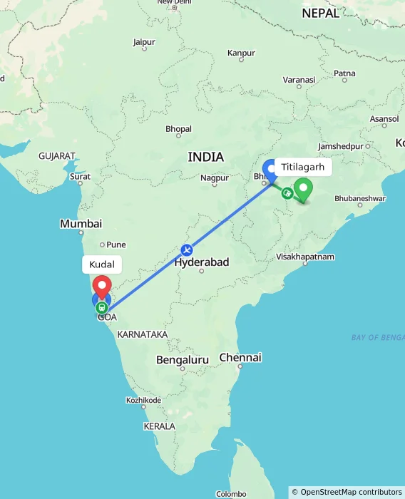 Route map showing distance and travel time from Titilagarh, India to Kudal, India