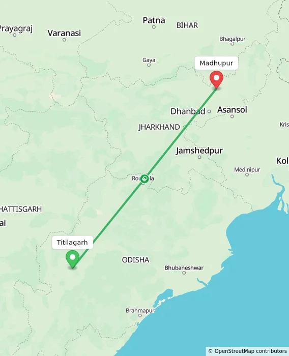 Route map showing distance and travel time from Titilagarh, India to Madhupur, India