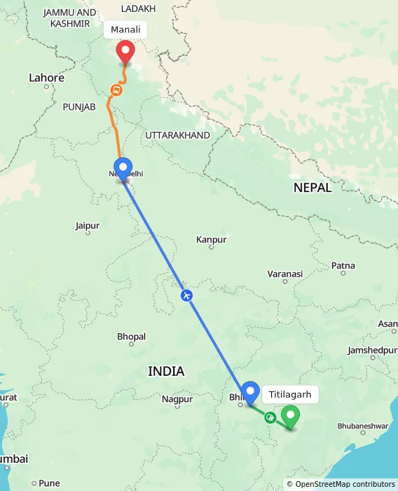 Route map showing distance and travel time from Titilagarh, India to Manali, India