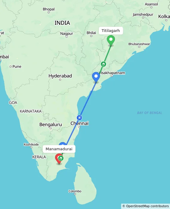 Route map showing distance and travel time from Titilagarh, India to Manamadurai, India