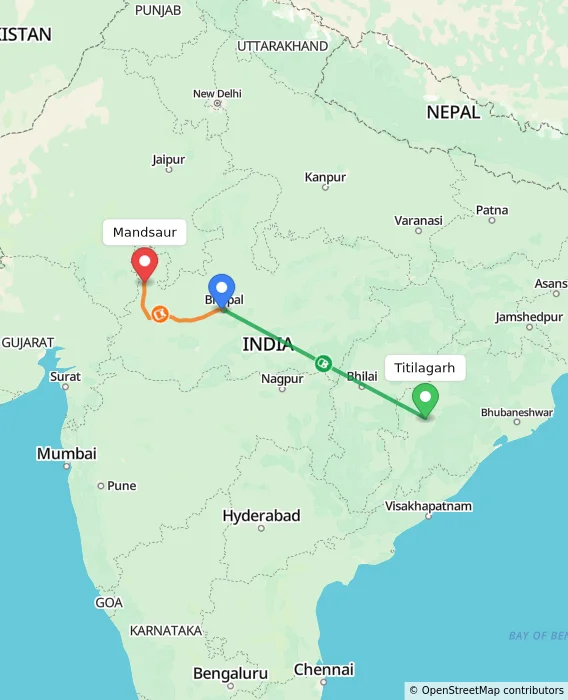 Route map showing distance and travel time from Titilagarh, India to Mandsaur, India