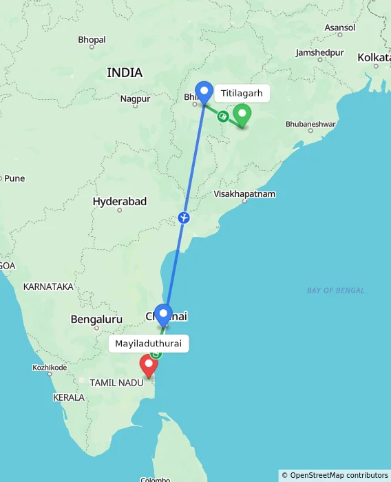 Route map showing distance and travel time from Titilagarh, India to Mayiladuthurai, India