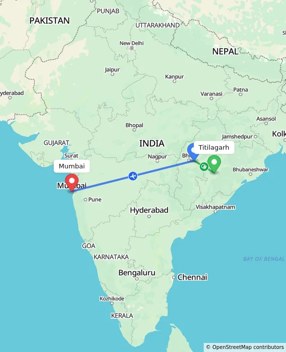 Route map showing distance and travel time from Titilagarh, India to Mumbai, India