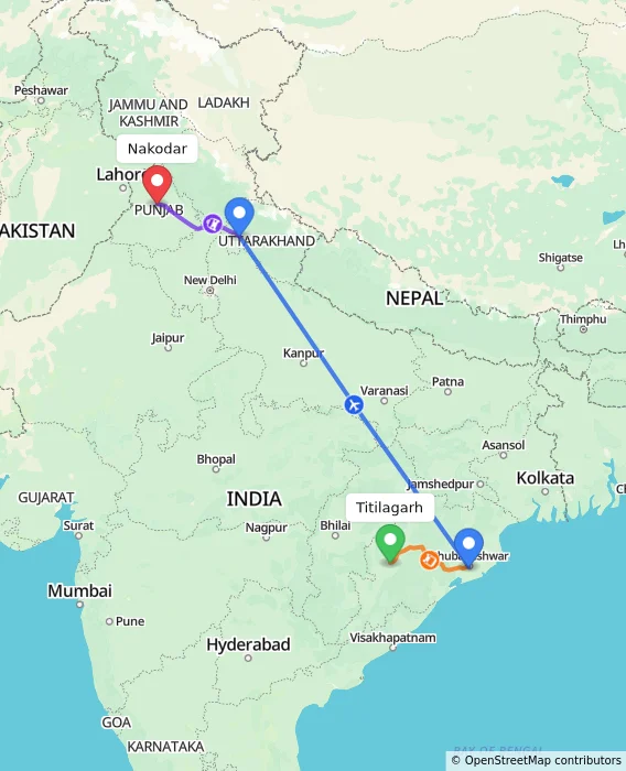 Route map showing distance and travel time from Titilagarh, India to Nakodar, India
