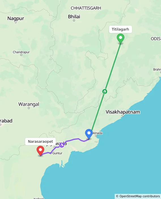 Route map showing distance and travel time from Titilagarh, India to Narasaraopet, India