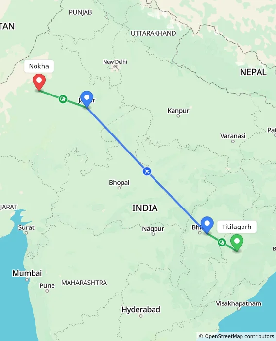 Route map showing distance and travel time from Titilagarh, India to Nokha, India