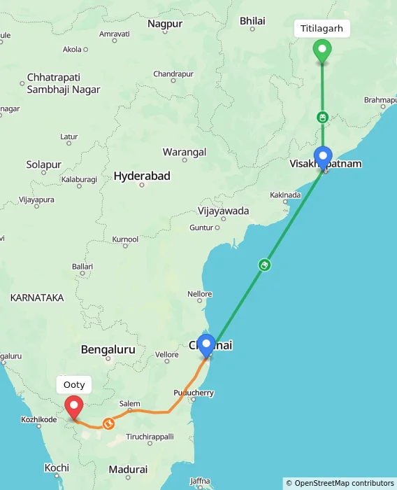Route map showing distance and travel time from Titilagarh, India to Ooty, India