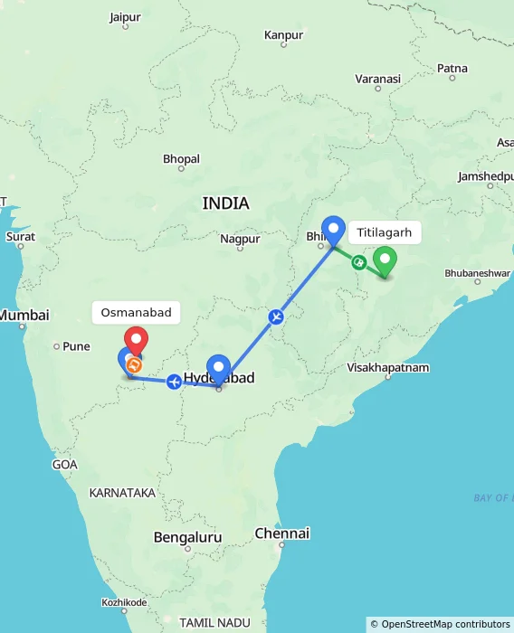 Route map showing distance and travel time from Titilagarh, India to Osmanabad, India