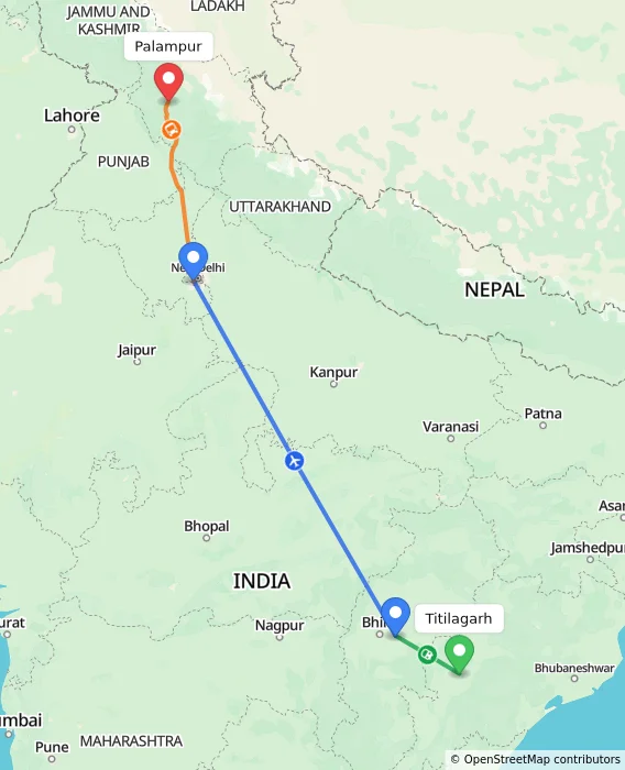 Route map showing distance and travel time from Titilagarh, India to Palampur, India