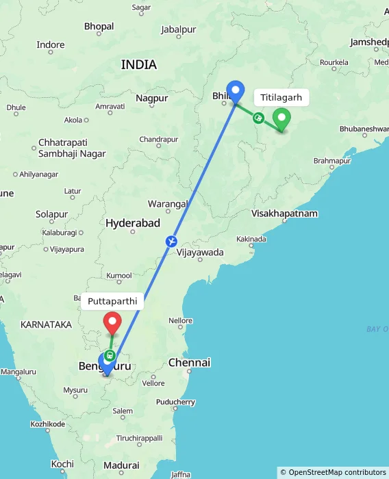 Route map showing distance and travel time from Titilagarh, India to Puttaparthi, India