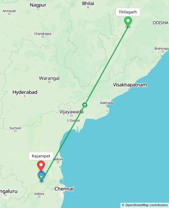 Route map showing distance and travel time from Titilagarh, India to Rajampet, India