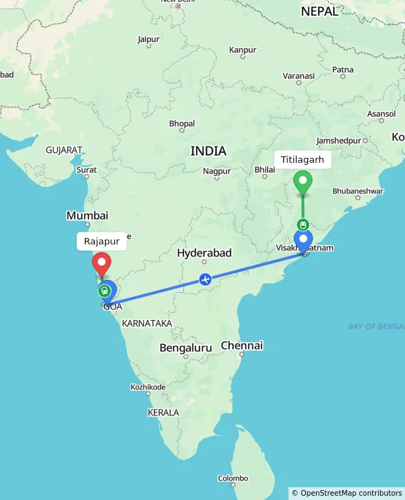 Route map showing distance and travel time from Titilagarh, India to Rajapur, India