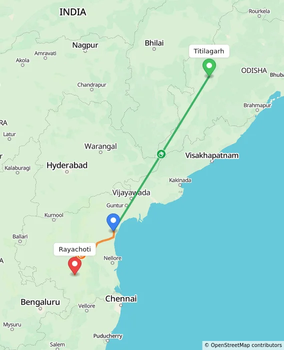Route map showing distance and travel time from Titilagarh, India to Rayachoti, India