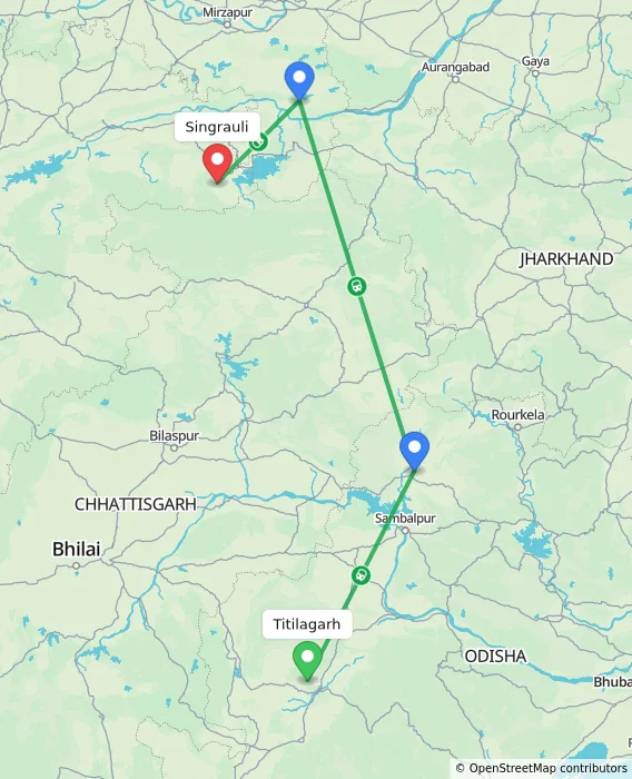 Route map showing distance and travel time from Titilagarh, India to Singrauli, India