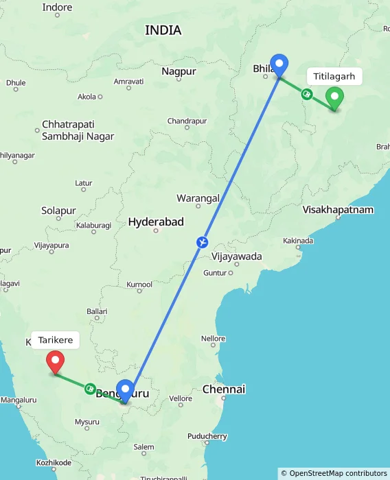 Route map showing distance and travel time from Titilagarh, India to Tarikere, India