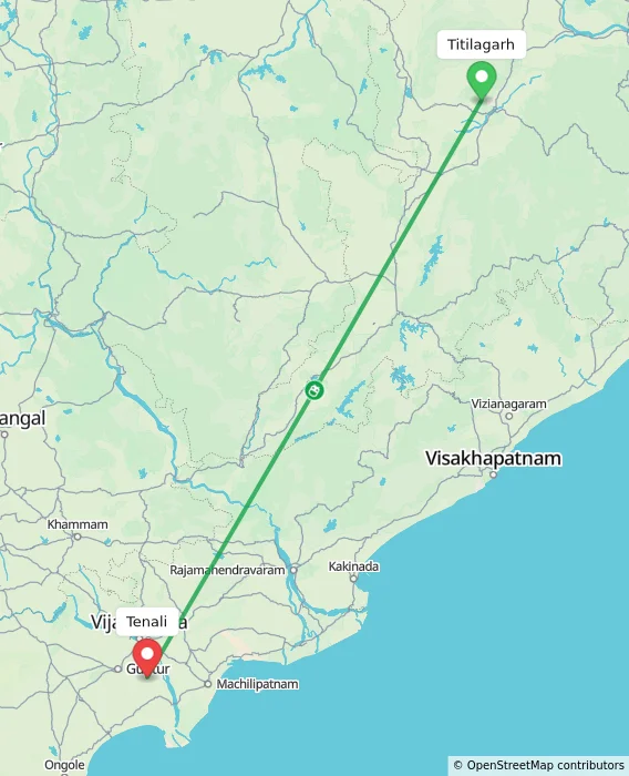 Route map showing distance and travel time from Titilagarh, India to Tenali, India