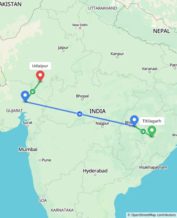 Route map showing distance and travel time from Titilagarh, India to Udaipur, India