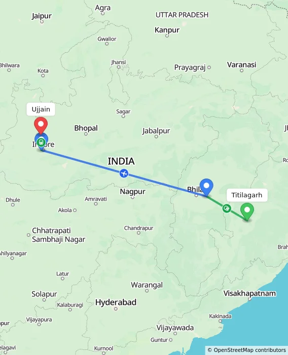 Route map showing distance and travel time from Titilagarh, India to Ujjain, India