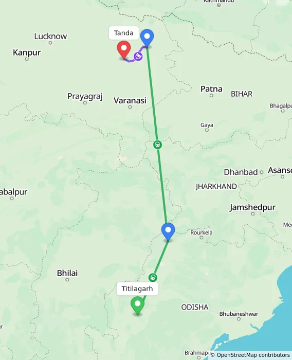 Route map showing distance and travel time from Titilagarh, India to Tanda, India