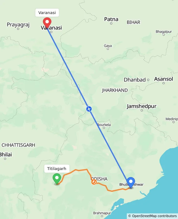 Route map showing distance and travel time from Titilagarh, India to Varanasi, India