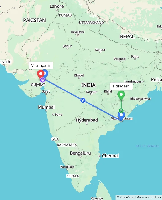 Route map showing distance and travel time from Titilagarh, India to Viramgam, India