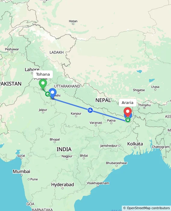 Route map showing distance and travel time from Tohana, India to Araria, India
