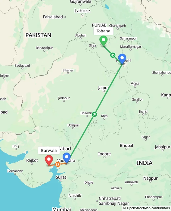 Route map showing distance and travel time from Tohana, India to Barwala, India