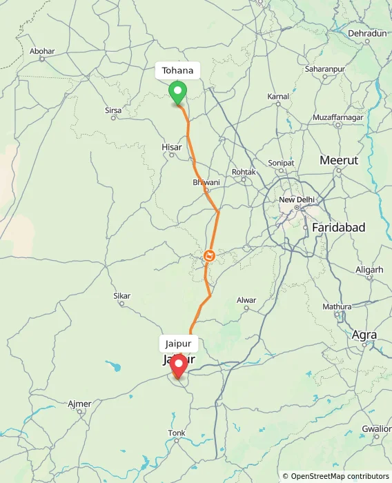 Route map showing distance and travel time from Tohana, India to Jaipur, India