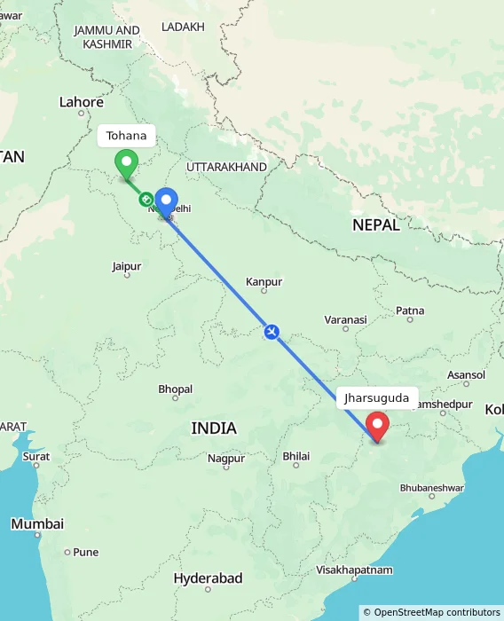 Route map showing distance and travel time from Tohana, India to Jharsuguda, India