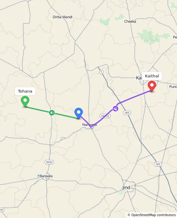 Route map showing distance and travel time from Tohana, India to Kaithal, India