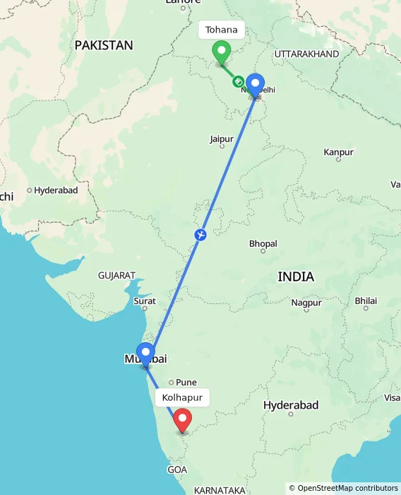 Route map showing distance and travel time from Tohana, India to Kolhapur, India