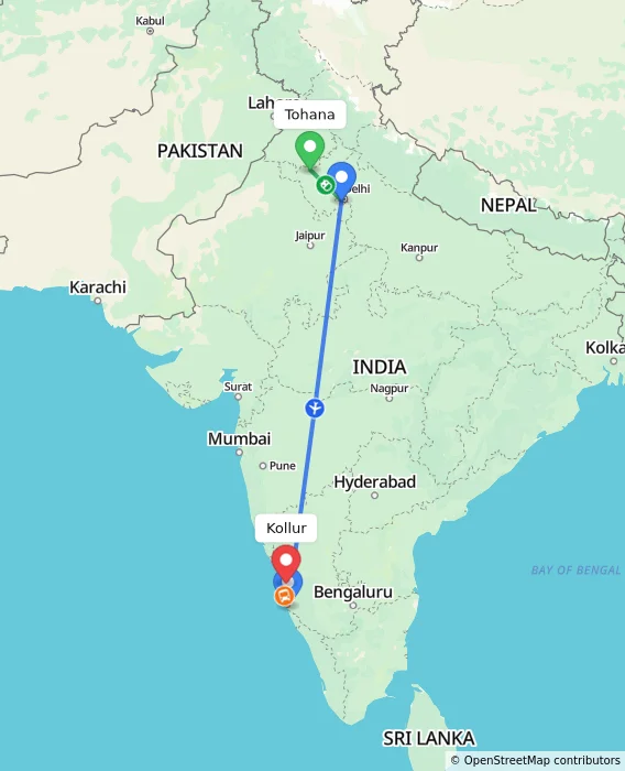 Route map showing distance and travel time from Tohana, India to Kollur, India