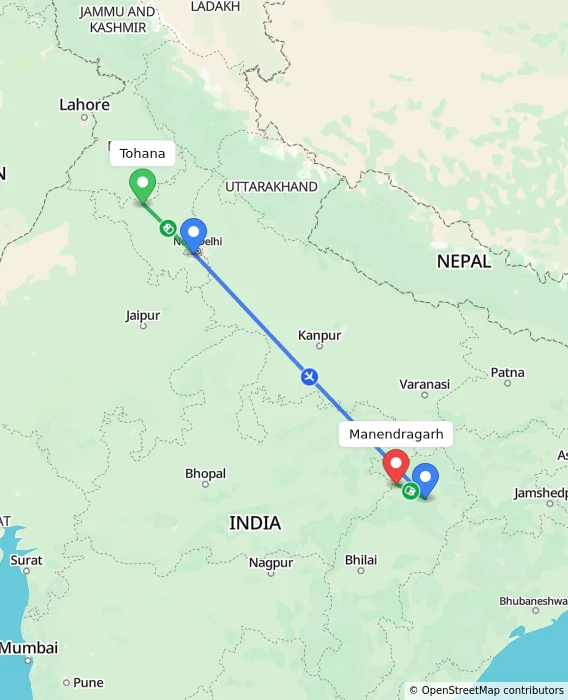 Route map showing distance and travel time from Tohana, India to Manendragarh, India
