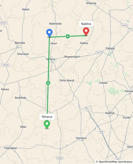 Route map showing distance and travel time from Tohana, India to Nabha, India