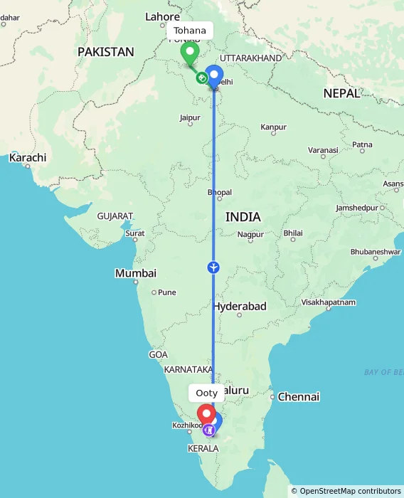 Route map showing distance and travel time from Tohana, India to Ooty, India