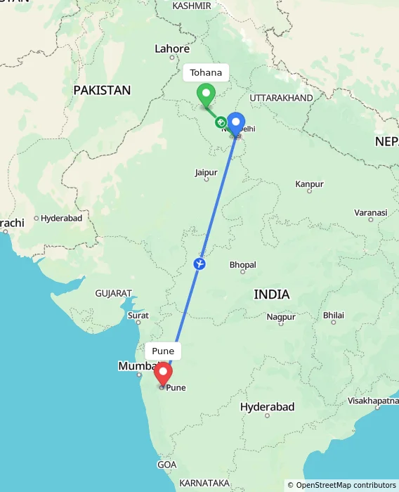 Route map showing distance and travel time from Tohana, India to Pune, India