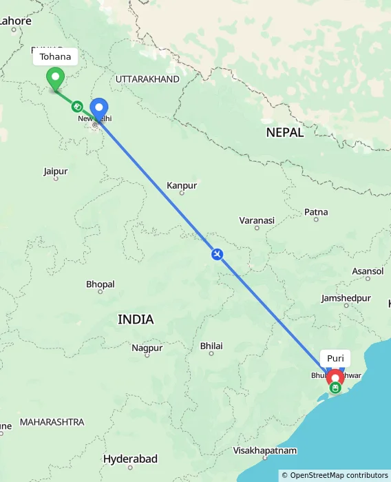 Route map showing distance and travel time from Tohana, India to Puri, India