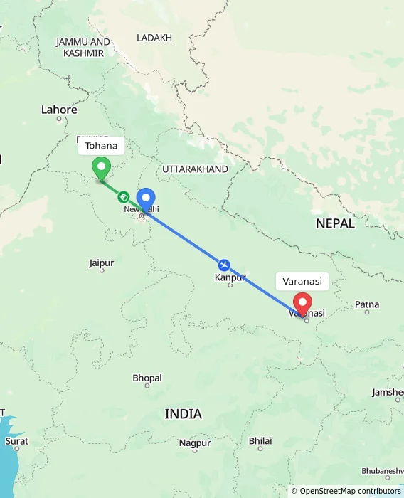 Route map showing distance and travel time from Tohana, India to Varanasi, India