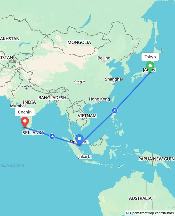 Route map showing distance and travel time from Tokyo, Japan to Cochin, India