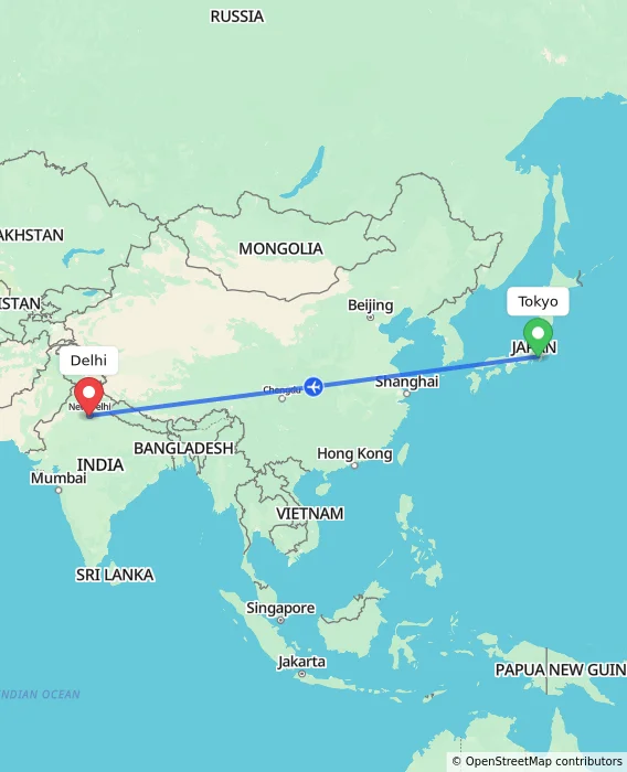 Route map showing distance and travel time from Tokyo, Japan to Delhi, India