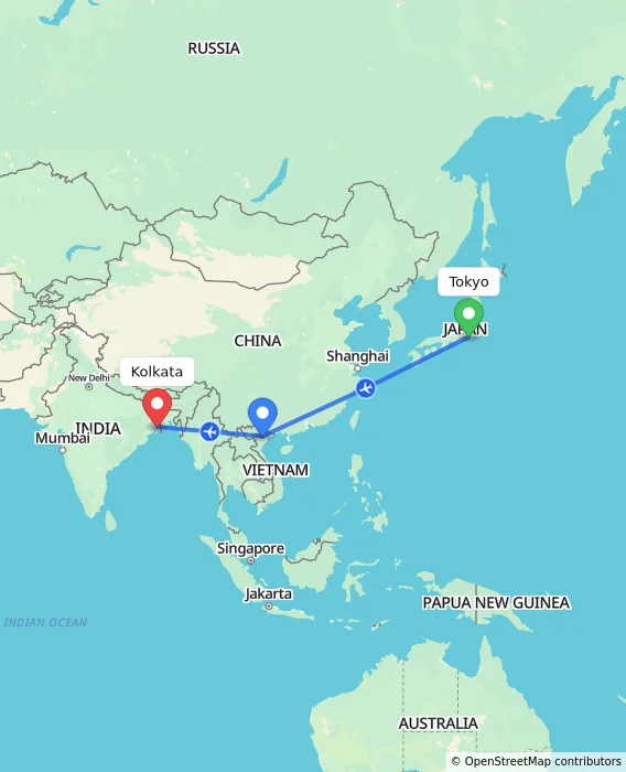 Route map showing distance and travel time from Tokyo, Japan to Kolkata, India