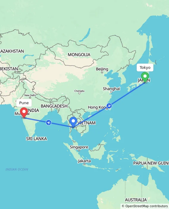 Route map showing distance and travel time from Tokyo, Japan to Pune, India